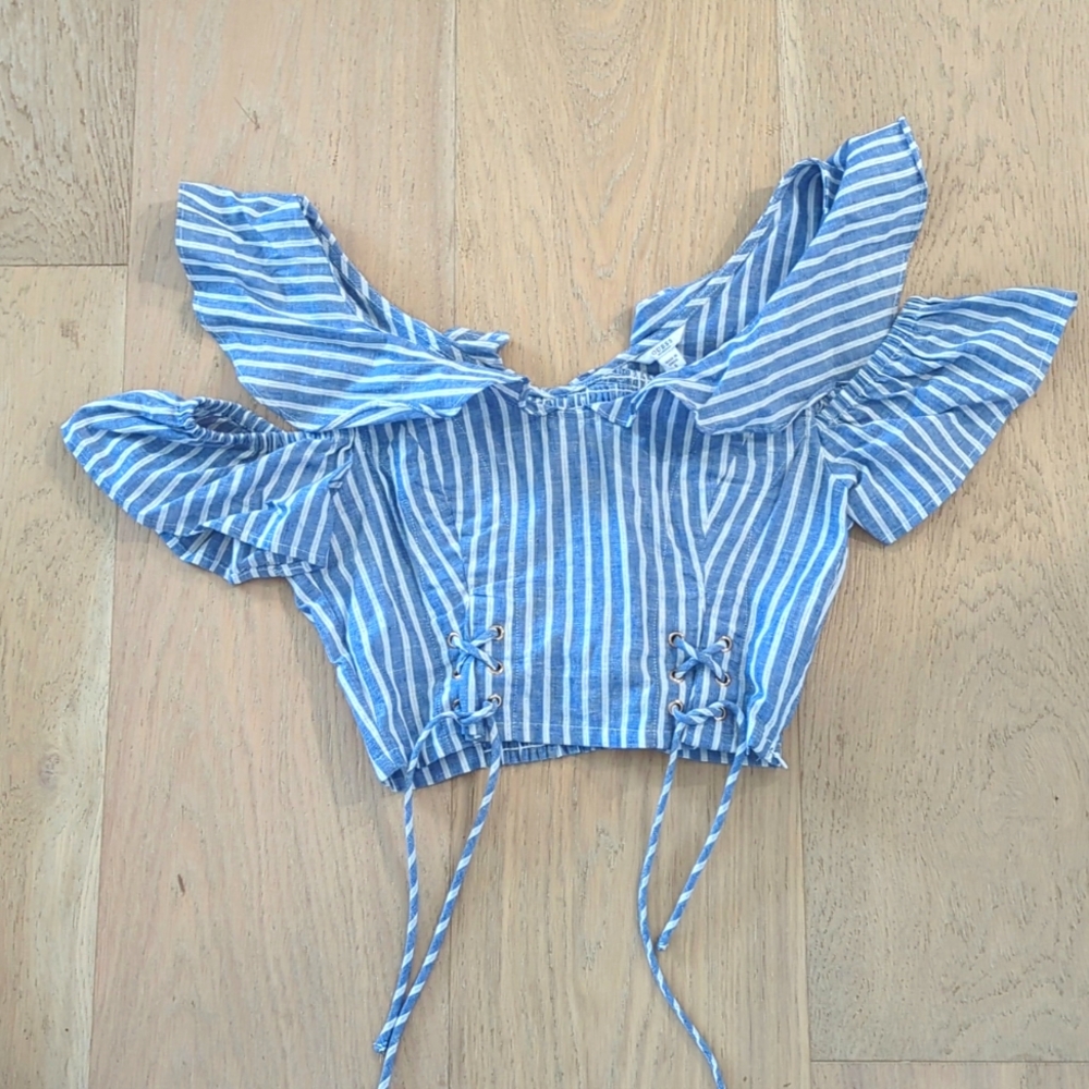 Guess Blue and White Striped Crop Top